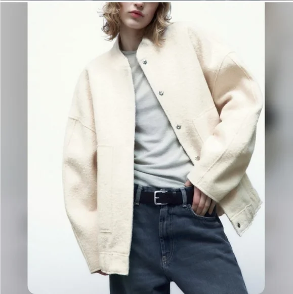 Zara Viral Oversized Bomber Jacket with Pockets Cream/Ecru Boucle - Picture 13 of 16